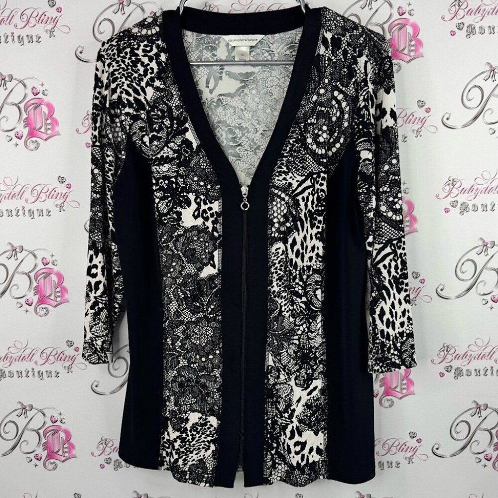 Christopher & Banks Monochrome Patterned Cardigan zip up sweater lace Lacie